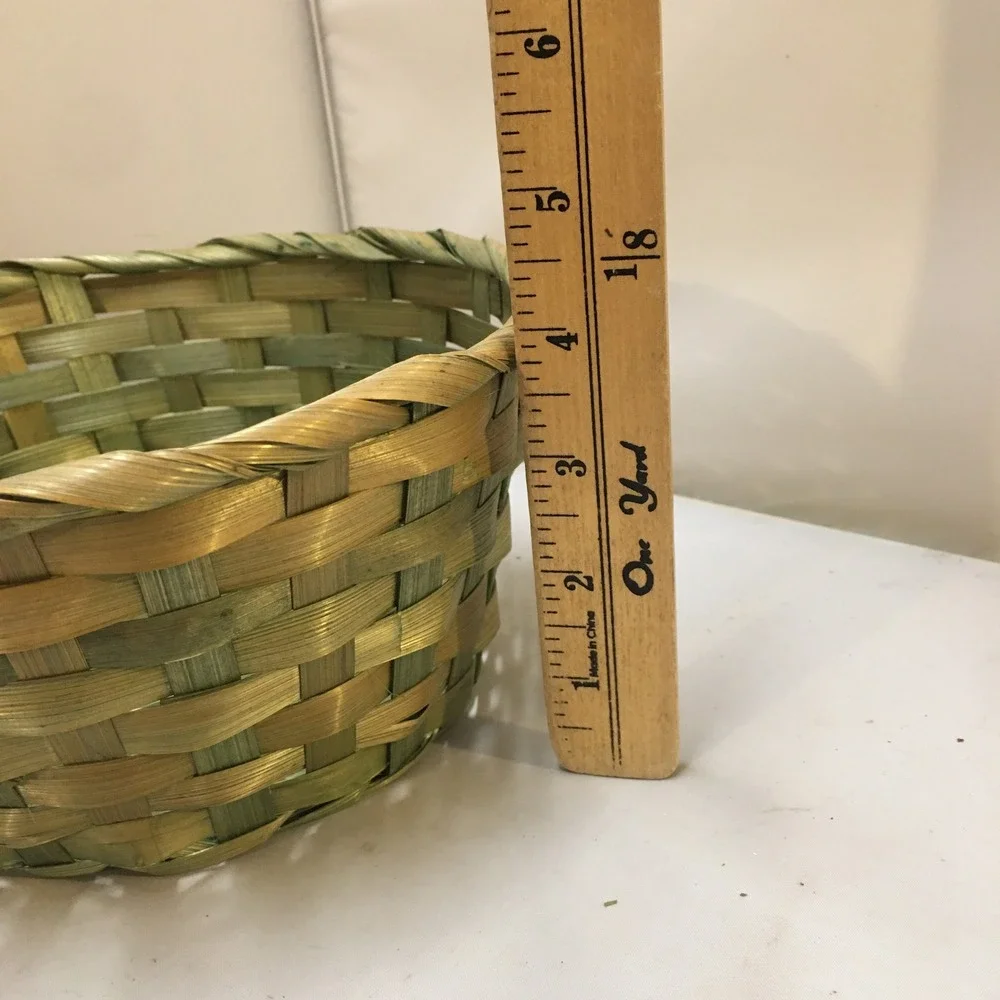 Woven Basket Small Green Natural Bamboo Straw Round Storage Decor Cottagecore